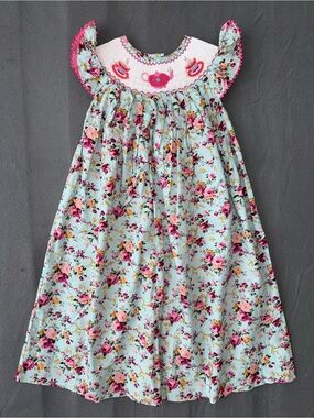 Smocked Blessings Blue Floral Hand-Smocked Tea Party Dress Girls Size 6T